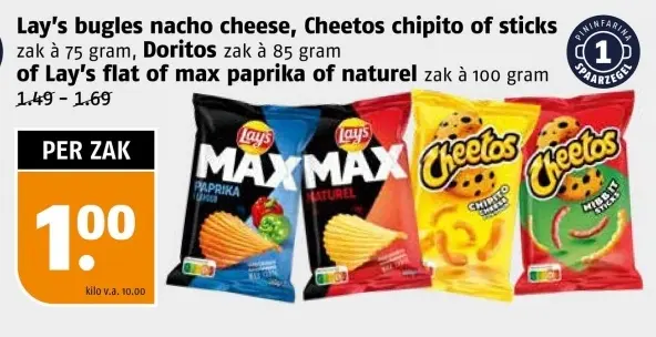 Aanbieding: Lay's Bugles nacho cheese, Cheetos chipito of sticks, Doritos of Lay's flat of max paprika of naturel