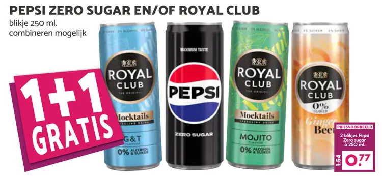 Aanbieding: Pepsi Zero Sugar en/of Royal Club
