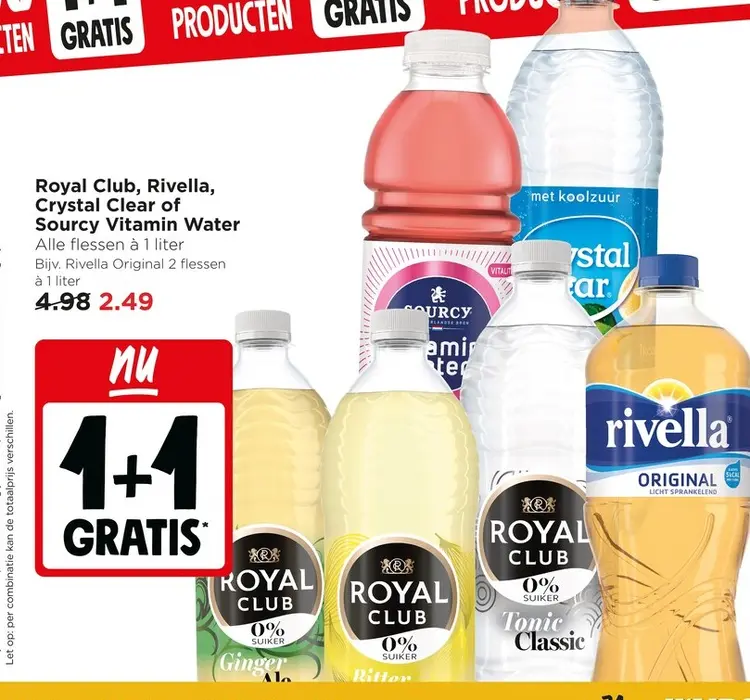 Aanbieding: Royal Club, Rivella, Crystal Clear of Sourcy Vitamin Water