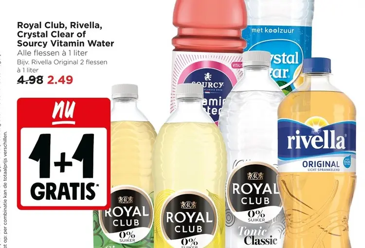 Aanbieding: Royal Club, Rivella, Crystal Clear of Sourcy Vitamin Water