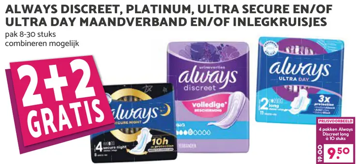 Aanbieding: Always Discreet, Platinum, Ultra Secure en/of Ultra Day maandverband en/of inlegkruisjes