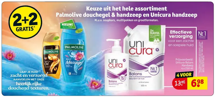 Aanbieding: Het hele assortiment Palmolive douchegel en handzeep en Unicura handzeep