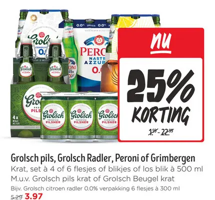 Aanbieding: Grolsch pils, Grolsch Radler, Peroni of Grimb