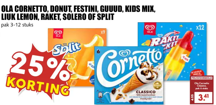 Aanbieding: Cornetto, donut, festini, guuud, kids mix, liuk lemon, raket, solero of split