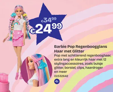 Promotie: Barbie Pop Regenboogglans Haar met Glitter