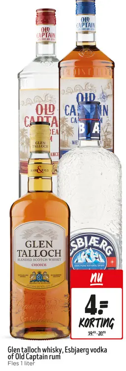 Aanbieding: Glen talloch whisky, Esbjaerg vodka of Old Captain Rum