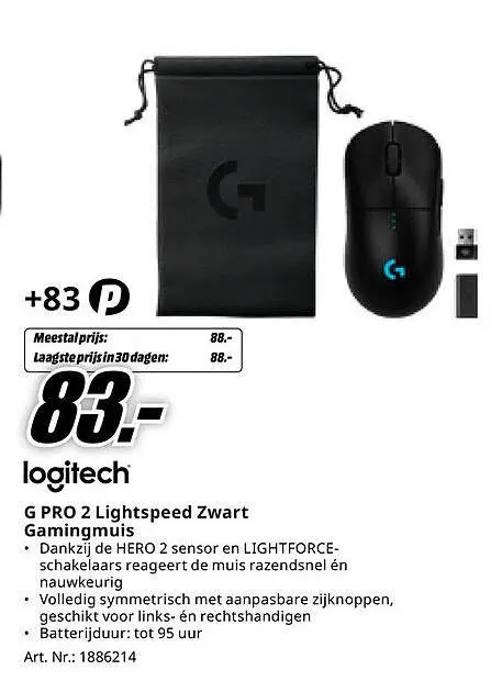 Aanbieding: G PRO 2 Lightspeed Zwart Gamingmuis