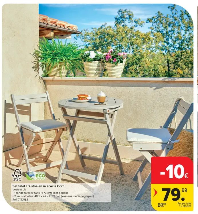 Promotie: Set tafel + 2 stoelen in acacia Corfu