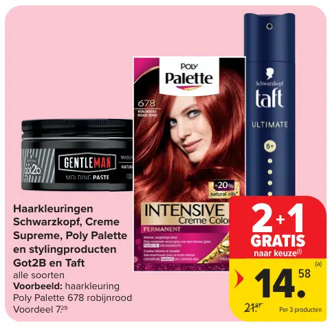 Promotie: Haarkleuringen Schwarzkopf, Creme Supreme, Poly Palette en stylingproducten Got2B en Taft