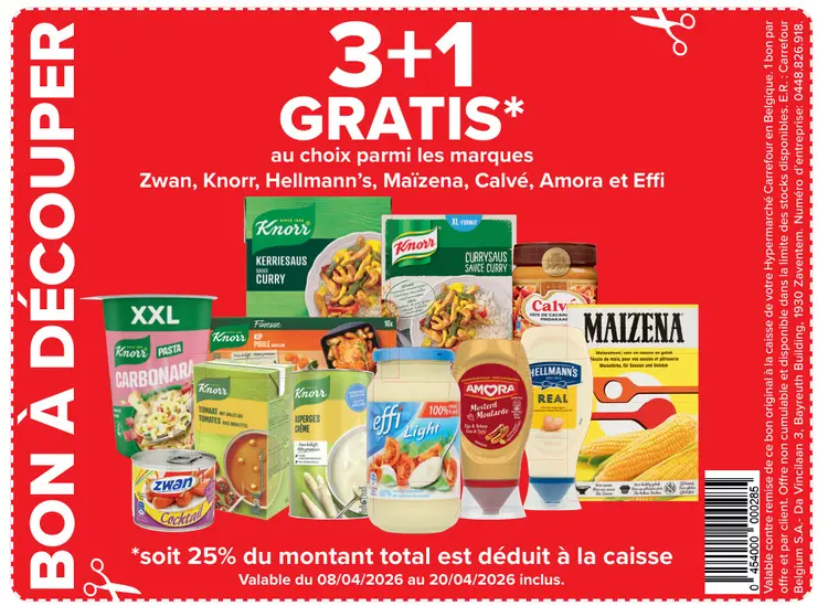 Offre: 3+1 GRATIS* au choix parmi les marques Zwan, Knorr, Hellmann's, Maïzena, Calvé, Amora et Effi