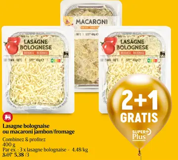 Offre: Lasagne bolognaise ou macaroni jambon/fromage