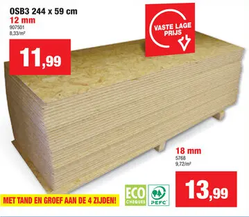 Promotie: OSB 3 met tand & groef 244x59 cm 18mm