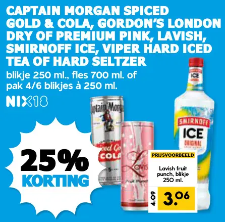 Aanbieding: Captain Morgan spiced Gold & Cola, Gordon's London dry of premium pink, Lavish, Smirnoff Ice, Viper Hard Iced Tea of Hard Seltzer