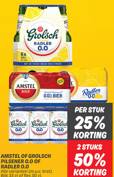 Aanbieding: Amstel of Grolsch pilsener 0.0 of Radler 0.0