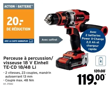 Offre: Perceuse à percussion/ visseuse 18 V Einhell TE-CD 18/48 Li