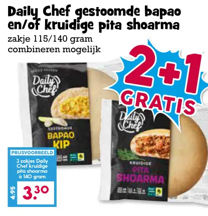 Aanbieding: Gestoomde bapao en/of kruidige pita shoarma