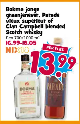 Aanbieding: Bokma jonge graanjenever, Parade vieux superieur of Clan Campbell blended Scotsch whisky