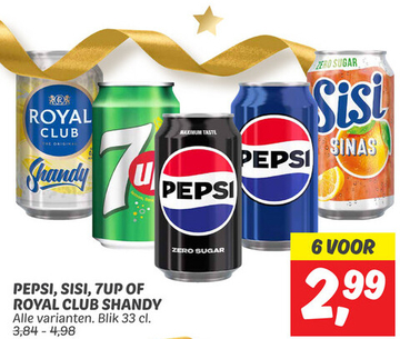 Aanbieding: PEPSI, SISI, 7UP OF ROYAL CLUB SHANDY