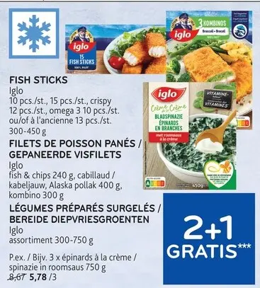 Offre: Fish sticks, filets de poisson panés et légumes préparés surgelés