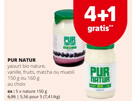 Offre: yaourt bio nature, vanille, fruits, matcha ou
