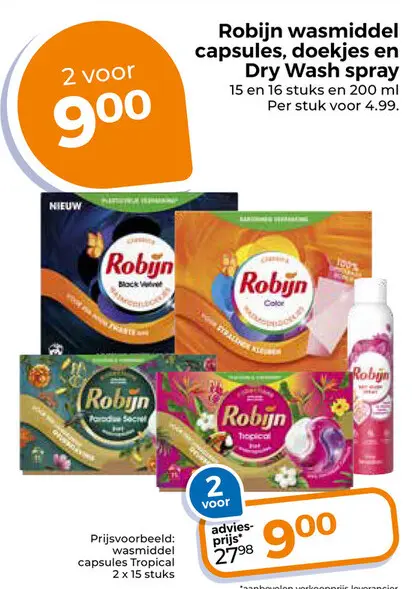 Aanbieding: Robijn wasmiddel capsules, doekjes en Dry Wash spray