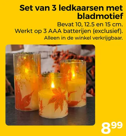Aanbieding: Set van 3 ledkaarsen met bladmotief