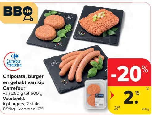 Promotie: Chipolata, burger en gehakt van kip