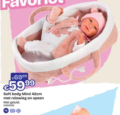 Aanbieding: Soft body Mimi met reiswieg en speen 42cm