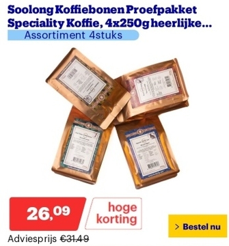 Aanbieding: Soolong Koffiebonen Proefpakket Speciality Koffie, 4x250g heerlijke Arabica medium roast - Assortiment 4stuks