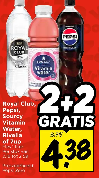 Aanbieding: Royal Club, Pepsi, Sourcy Vitamin Water, Rivella of 7up