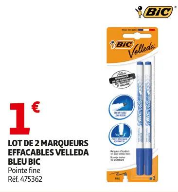 Offre: LOT DE 2 MARQUEURS EFFACABLES VELLEDA BLEU BIC