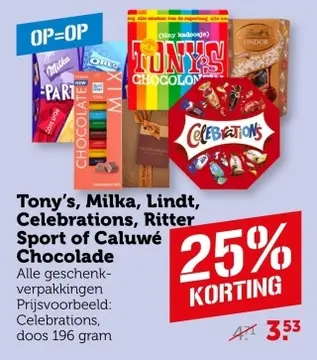 Aanbieding: Tony's, Milka, Lindt, Celebrations, Ritter Sport of Caluwé Chocolade