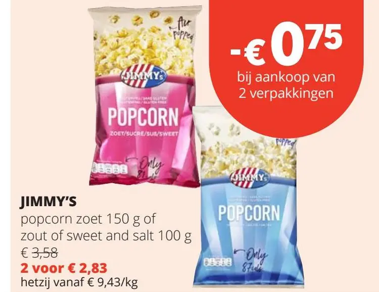 Aanbieding: Jimmy's popcorn zoet of zout of sweet and salt