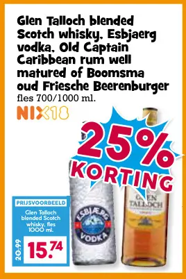 Aanbieding: Glen Talloch blended Scotch whisky, Esbjaerg vodka, Old Captain Carribean rum well matured of Boomsma oud Friesche Beerenburger
