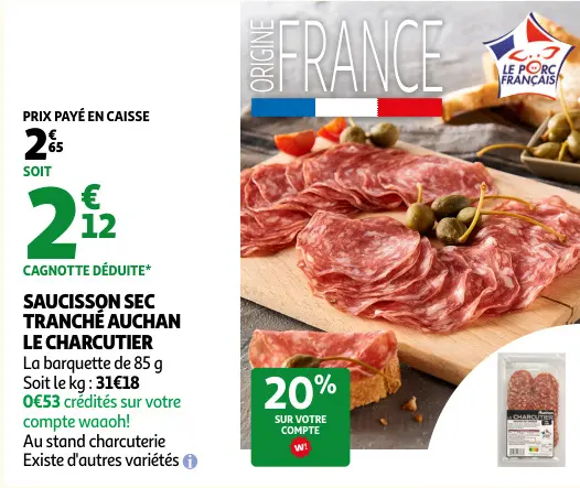 Promotie: Saucisson sec tranché AUCHAN le charcutier