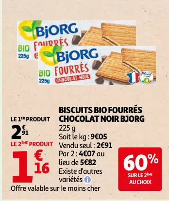 Offre: Biscuits bio fourrés chocolat noir