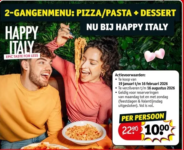 Aanbieding: 2-gangenmenu: pizza/pasta + dessert bij Happy Italy