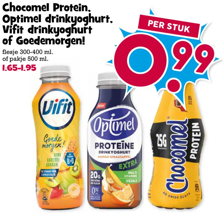 Aanbieding: Chocomel Protein, Optimel drinkyoghurt, Vifit drinkyoghurt of Goedemorgen!