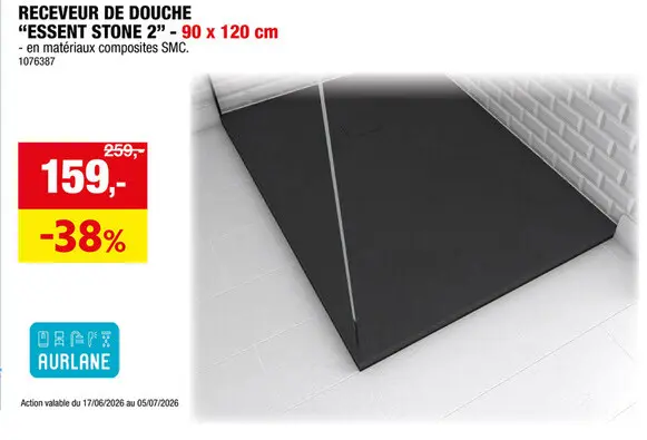 Offre: Aurlane Essent Stone 2 receveur de douche lineaire 90x120 cm noir