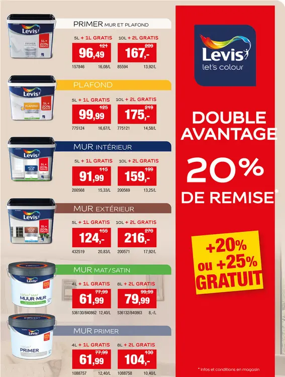 Offre: Levis primer mur & plafond 12l blanc