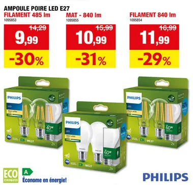Offre: Philips ampoule LED poire filament E27 2W chaud 2 pièces