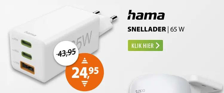 Aanbieding: Hama Fast Charger 2x USB-C PD 1x USB-A QC Mini-Charger 65 W Wit