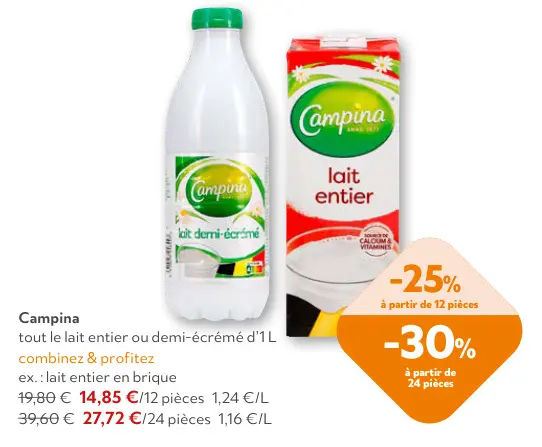 Offre: Lait entier ou demi-écrémé d'1L