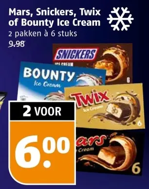 Aanbieding: Mars, Snickers, Twix of Bounty Ice Cream
