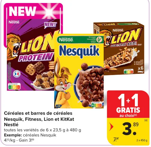 Offre: Céréales et barres de céréales Nesquik, Fitness, Lion et KitKat