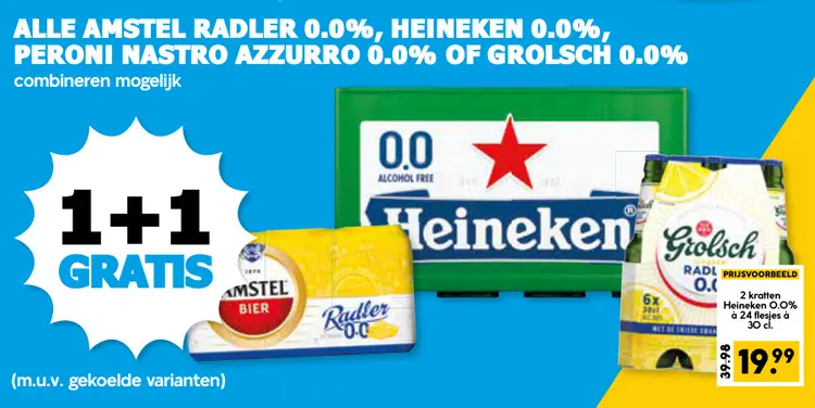 Aanbieding: Amstel Radler 0.0%, Heineken 0.0%, Peroni Nastro Azzurro 0,0% of Grolsch 0,0%