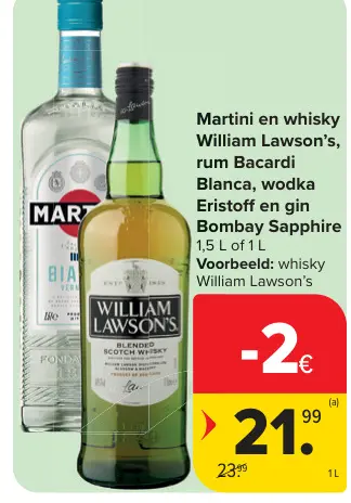 Promotie: Martini en whisky William Lawson's, rum Bacardi Blanca, wodka Eristoff en gin Bombay Sapphire