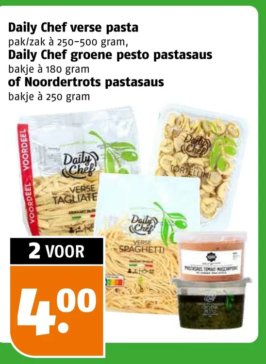 Aanbieding: Verse pasta, groene pesto pastasaus of pastasaus