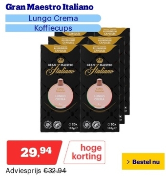 Aanbieding: Gran Maestro Italiano - Lungo Crema - Koffiecups - Nespresso Compatibel Capsules - Volle Smaak - 6 x 20 cups