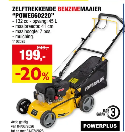 Promotie: Powerplus EG POWEG60220 benzine grasmaaier zelftrekkend 132cc 41cm